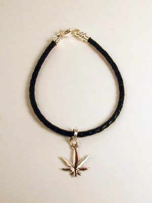 Sterling Silver & Leather Braided Marijuana Leaf Bracelet - Image 2