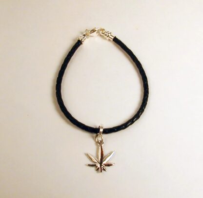 Sterling Silver & Leather Braided Marijuana Leaf Bracelet - Image 2