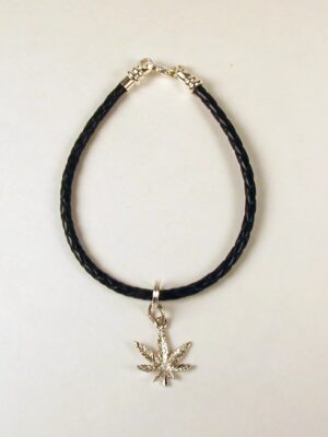 Sterling Silver & Leather Braided Marijuana Leaf Bracelet
