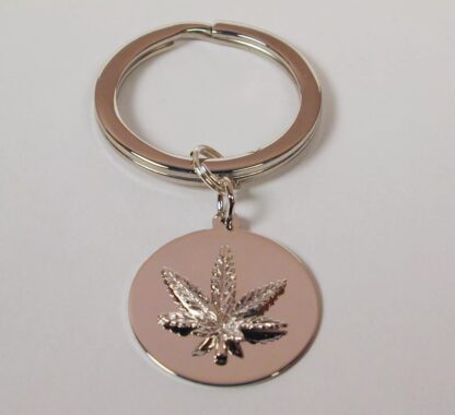 Key Ring with Sterling Silver Marijuana Engravable Leaf Charm