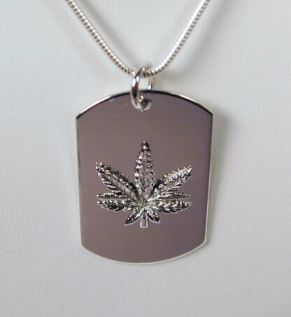 Sterling Silver Marijuana Engravable Leaf Dog Tag Necklace